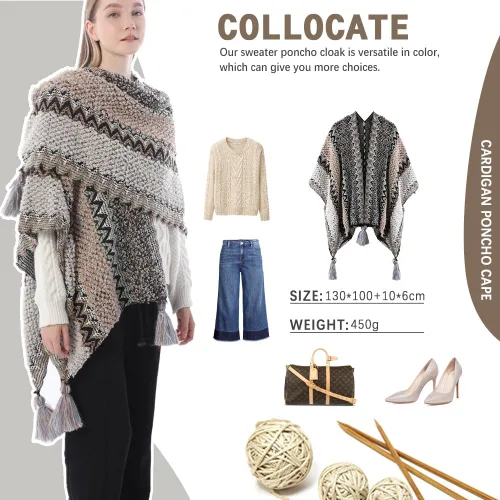 Vista 5 de Capa tipo poncho de punto para mujer, cárdigan de punto con flecos para otoño e invierno