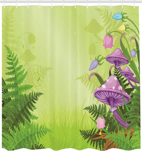 Vista 2 de Ambesonne Cortina de ducha de hongos, paisaje mágico con hongos y flores en el bosque fresco, estampado de dibujos animados, juego de decoración