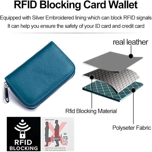 Vista 6 de Tarjetero RFID de cuero genuino para tarjetas de crédito con cremallera, Moderno