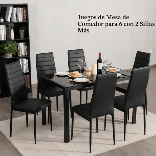 Vista 6 de NAFORT Juego de mesa de comedor para 4, mesa rectangular de vidrio templado de 48.5 pulgadas con 4 sillas de comedor de piel sintética negra, mesas