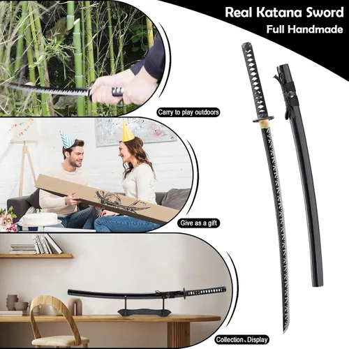 Vista 4 de Wuton Espada Katana real afilada 1060 de acero de alto carbono, espada samurái real de espiga completa lista para batalla, espadas samuráis
