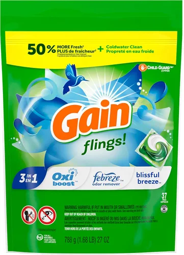 Vista 3 de Gain Flings! Jabón líquido para ropa sucia, compatible con HE, paquete de 3 bolsas, 111 unidades, aroma de larga duración, aroma a brisa feliz