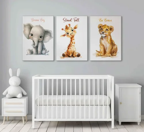 Vista 5 de 3 piezas de lienzo de safari para guardería, arte de pared para niños, lindo animal inspirador, león, jirafa, elefante, pintura, imagen, decoración