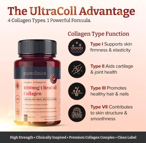 Vista 3 de UltraColl Marine Collagen 1000mg x 180 Tabletas (6 Meses de Suministro). El único colágeno antienvejecimiento patentado Tipos I, II, III y VII.