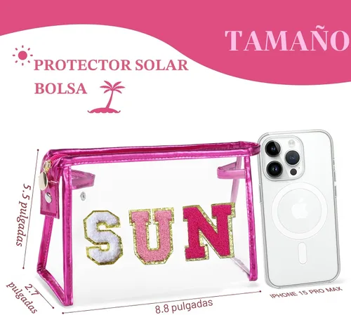 Vista 2 de COSHAYSOO Bolsa de Maquillaje Transparente con Protección Solar, Bolsa de Protector Solar con Parches de Letras, Accesorios Esenciales de Playa