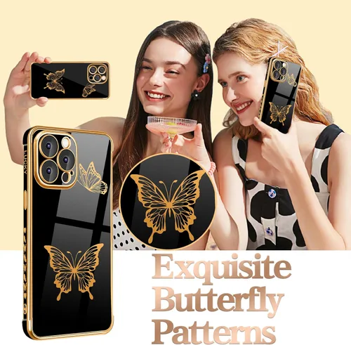 Vista 4 de Petitian Funda para iPhone 14 Pro Max, diseño de mariposas para mujeres y niñas, diseño dorado para iPhone 14 Pro Max, cubierta femenina chapada