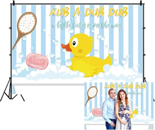 Vista 11 de Renaiss Telón de fondo de tela de pato amarillo con burbujas de goma para baby shower, fiesta de cumpleaños, fondo de fotografía para niños, recién