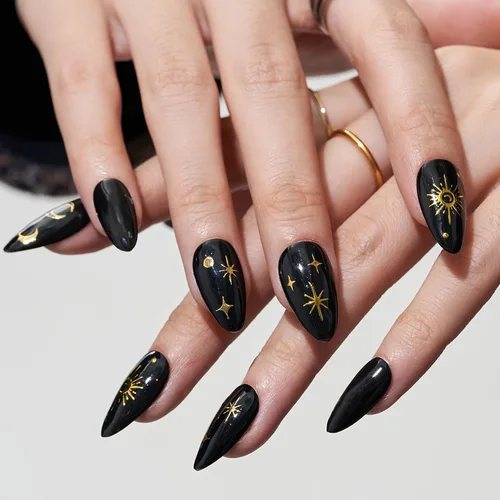 Vista 13 de GLAMERMAID Uñas postizas a presión con forma de almendra mediana, uñas de gel con punta francesa estilo gótico negro ombré, uñas postizas acrílicas