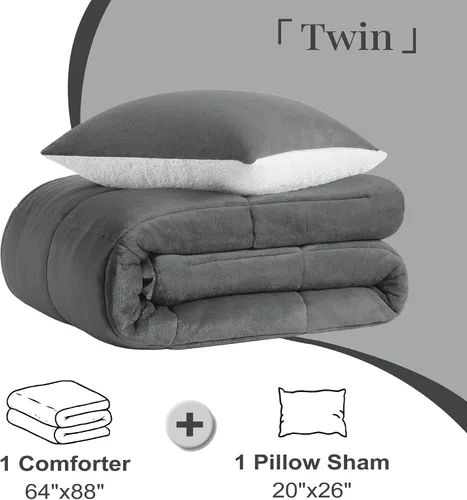 Vista 6 de Juego de edredón individual Basic Beyond - Edredón de microminka de sherpa para cama individual, juego de edredón suave y cálido para cama Gris