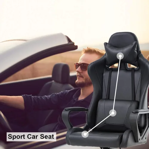 Vista 6 de Silla de oficina para videojuegos con brazos y apoyo lumbar, reposacabezas con respaldo alto, de piel sintética, silla de escritorio ergonómica