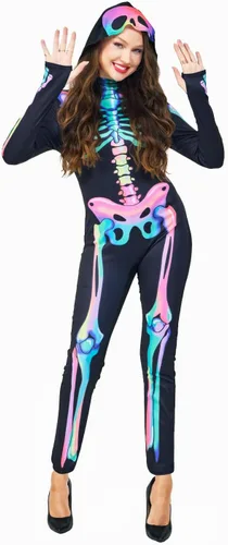 Vista 6 de Seasons Disfraz de Halloween de esqueleto arcoíris para mujer, sensible a la luz negra UV