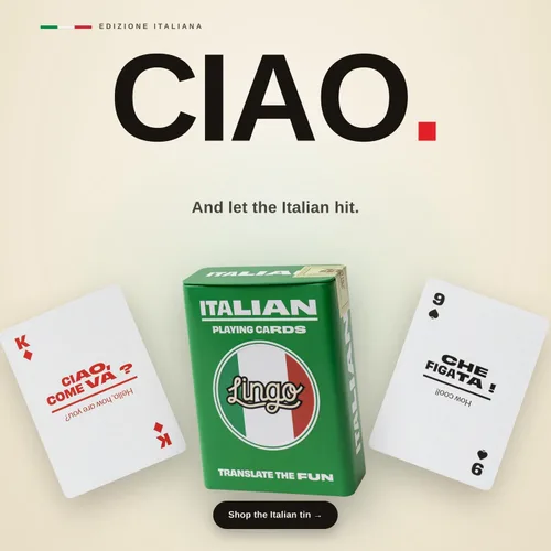 Vista 10 de Lingo Naipes italianos en lata de viaje premium Aprende vocabulario y frases italianas para adultos y principiantes Edición de caja de regalo