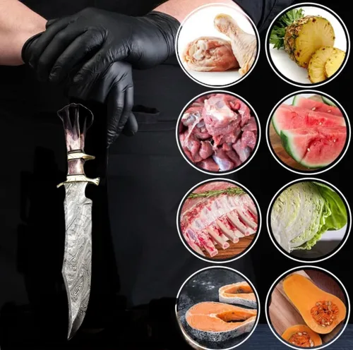 Vista 2 de Noon Knives: Cuchillo Bowie coleccionable de acero de Damasco hecho a mano, mango de hueso de camello (negro)