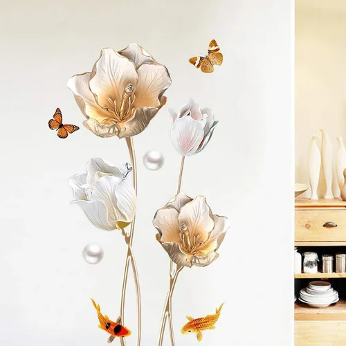 Vista 4 de Calcomanías de pared florales de flor de loto, calcomanías de pared de tulipán para sala de estar, decoración de pared extraíble para el hogar