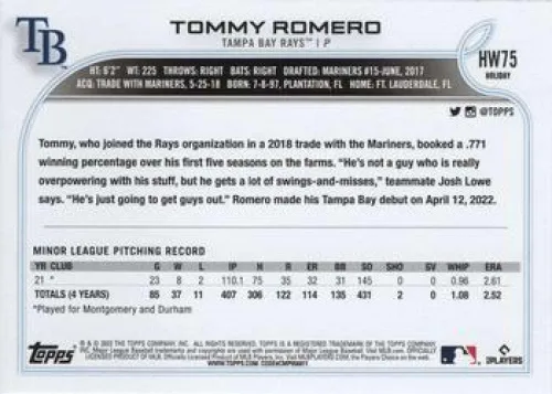 Vista 2 de 2022 Topps Holiday #HW75 Tommy Romero NM-MT RC Rookie Rays