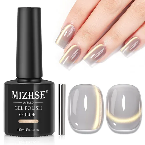 Vista 8 de MIZHSE Esmalte de uñas de gel de ojo de gato gris, esmalte de gel magnético de vidrio efecto amanecer, efecto de gatito de cristal con barra