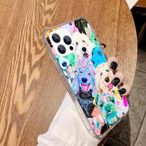 Vista 4 de Diseño para iPhone 14 Pro Max, diseño de acuarela de perros, collage de Pug para iPhone, protección a prueba de golpes, funda transparente de TPU