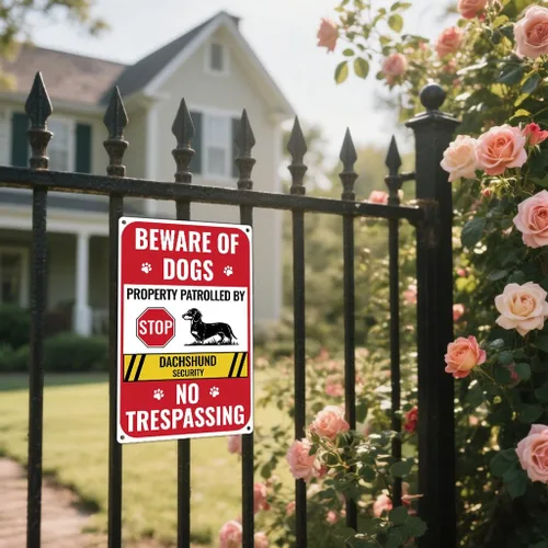Vista 6 de 2 Pack de señales de cuidado con el perro para valla, señal de no traspaso propiedad privada, decoración de perro salchicha para puerta delantera