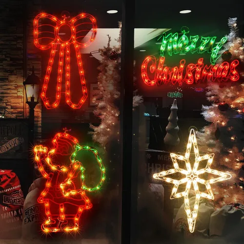 Vista 3 de LAMPHOME Paquete de 4 luces iluminadas con diseño de Feliz Navidad, lazo, Papá Noel, estrella de Belén, decoración de ventana para Navidad, fiesta