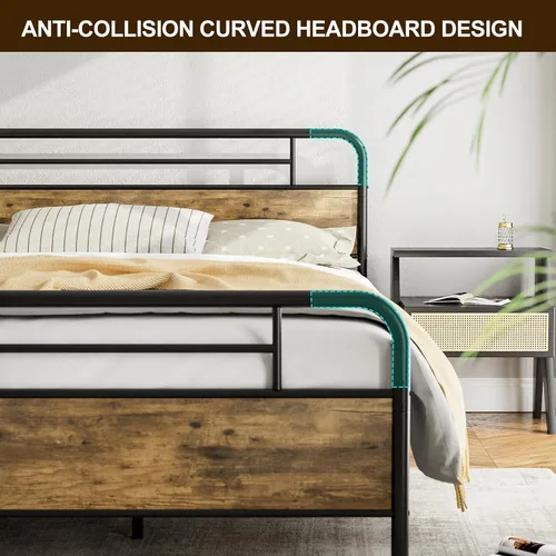 Vista 4 de IKIFLY Base de cama California King con cabecero de madera, cama de plataforma de metal California King, listones de acero resistente