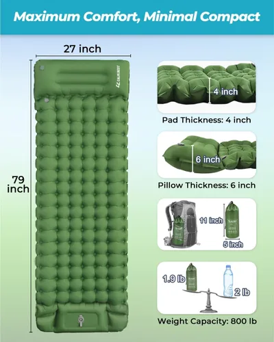 Vista 4 de Colchoneta de dormir inflable de 4 pulgadas de grosor con almohada ajustable y bomba de pie integrada, colchón de aire ligero para acampar con Verde