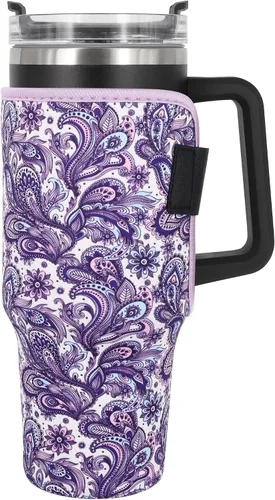 Vista 10 de Fundas aisladas de neopreno reutilizables, idea para vaso de 40 onzas con asa (solo mangas de taza) (China floral abstracta) Reusable Neoprene