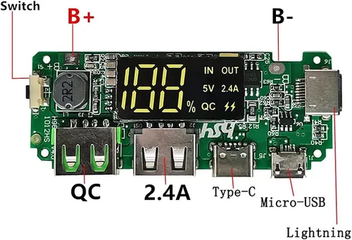 Vista 4 de LED Dual USB 5V 2.4A Micro/Tipo-C USB Banco de energía móvil 18650 Módulo de carga Cargador de batería de litio Placa de protección de circuito