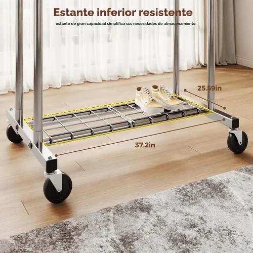 Vista 4 de HYSEYY Perchero de ropa resistente, perchero con ruedas para colgar ropa con estantes, carga de 700 libras, armario portátil con ruedas para Plata