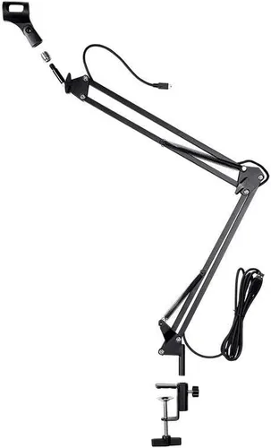 Vista 2 de Monoprice Soporte de micrófono de difusión de tijera, con cable mini USB integrado, soporta hasta 2 libras, puede extenderse 33 pulgadas - Serie