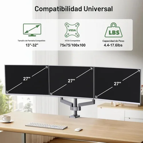 Vista 3 de Soporte de escritorio para monitor triple con resorte de gas para pantallas