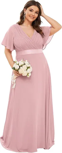 Vista 35 de Ever-Pretty Vestidos formales de noche de gasa para mujer con cuello en V de talla grande para mujeres con curvas, vestido de dama de honor de largo