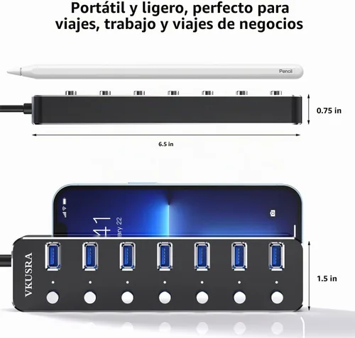 Vista 6 de Concentrador USB, concentrador USB 3.0 de 7 puertos VKUSRA con cable largo USB de 4 pies y concentrador USB 3.0 de aluminio con interruptor