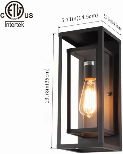 Vista 4 de mirrea Aplique de pared clásico para exteriores de 14 pulgadas, 1 luz en negro mate, marco de metal rectangular y pantalla de vidrio transparente