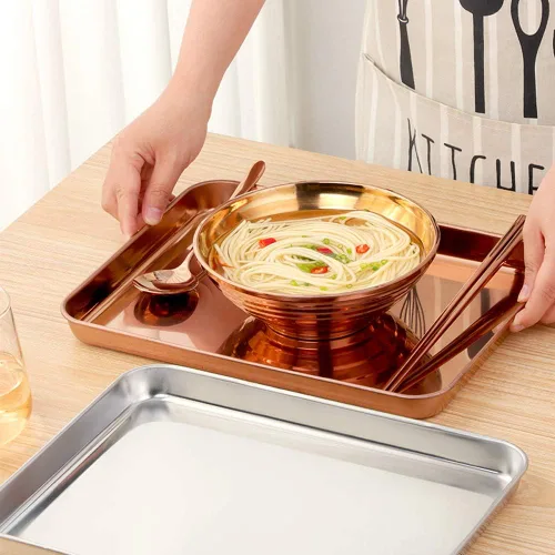Vista 5 de Bandeja de acero inoxidable para mesa de café, plato de barbacoa, postre, plato de frutas, bandejas de desayuno, accesorios de cocina, oro rosa