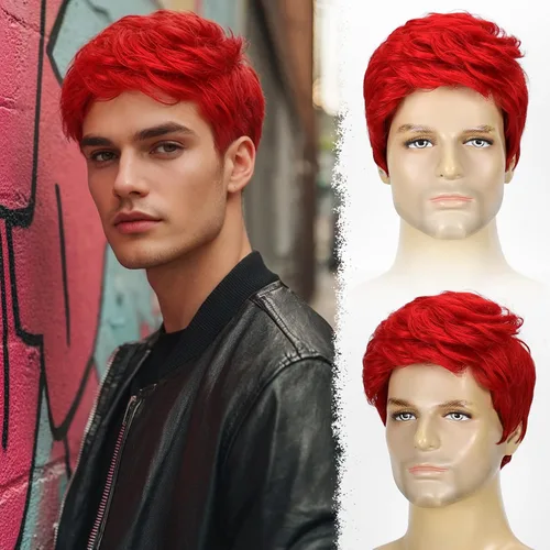 Vista 9 de DDHAIR Peluca rubia para hombre, pelo sintético corto en capas con parte Rubio