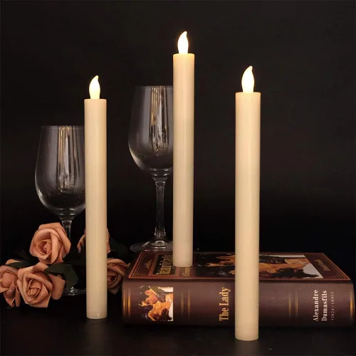 Vista 4 de Eldnacele Velas cónicas sin llama de marfil parpadeantes con control remoto Candelabros LED que funcionan con pilas, luz regulable de cera real A-6