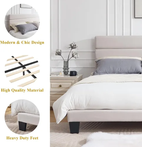 Vista 5 de Armazón de Cama de Plataforma Tamaño Full, Armazón de Cama con Cabecera de Tela Suave con Listones de Madera Resistentes – Moderno y Sin Ruido, Base