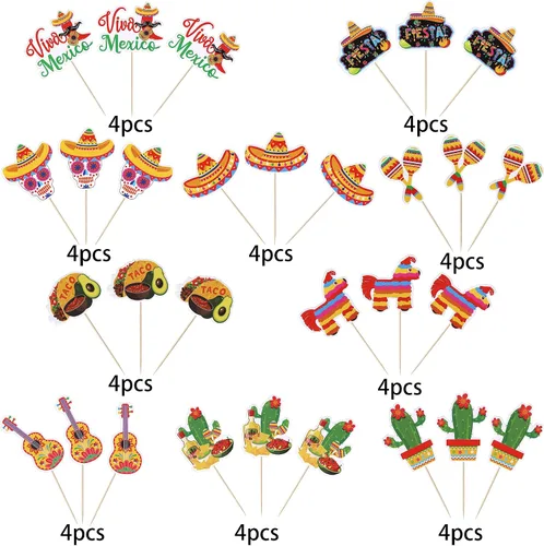Vista 2 de Paquete de 40 adornos para cupcakes de fiesta de cactus, burro, maraca, sombrero, pimienta, guitarra, magdalenas, para fiesta mexicana, baby shower