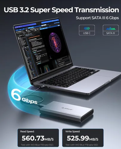 Vista 3 de ORICO Carcasa de Disco Duro USB C de Aluminio para SSD/HDD SATA de 2.5 Pulgadas, Cable USB 3.2 GEN 2 USB C a USB A/C 2 en 1, Soporta macOS Windows