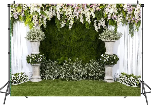 Vista 3 de Arco de flores de boda de 7 x 5 pies, telón de fondo verde para pared, ceremonia, fotografía, plantador, flores, cortina blanca, decoración de mesa