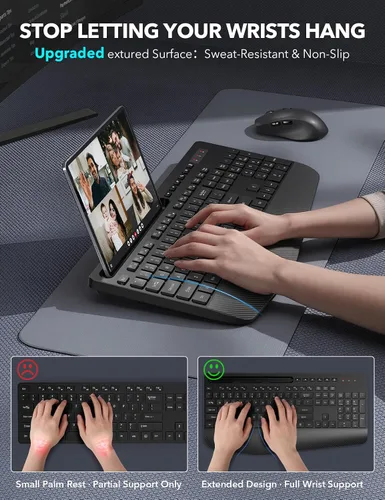 Vista 2 de Combo de teclado y mouse inalámbrico - Teclado ergonómico de tamaño completo con reposabrazos, soporte para teléfono, modo de suspensión, combo