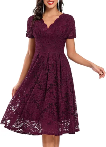 Vista 2 de SEBOWEL Women Floral Lace V Neck Short Sleeve Formal Dress Swing A-Line Wedding Bridesmaid Cocktail Party Midi Dresses