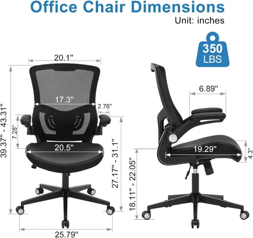 Vista 2 de Silla de oficina ergonómica de escritorio de 350 libras, cómoda silla de computadora de malla con soporte lumbar ajustable, reposabrazos abatibles