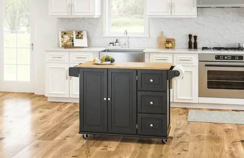 Vista 4 de Homestyles Dolly Madison Carrito de Isla de Cocina Móvil Negro con Barra de Desayuno de Hoja Plegable de Madera
