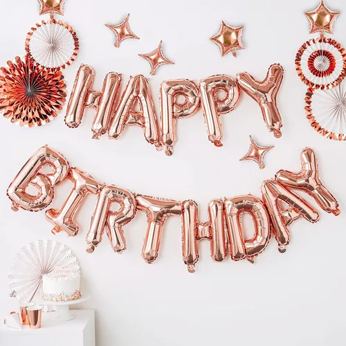 Vista 2 de iPartycool - Cartel de globos de feliz cumpleaños, 24 piezas de letras de aluminio de tereftalato de polietileno de alta calidad en 3D de oro rosa