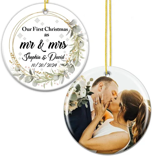 Vista 8 de Adorno personalizado para la primera Navidad, con nombre personalizado, estadísticas de nacimiento, foto, adornos redondos de cerámica para bebés
