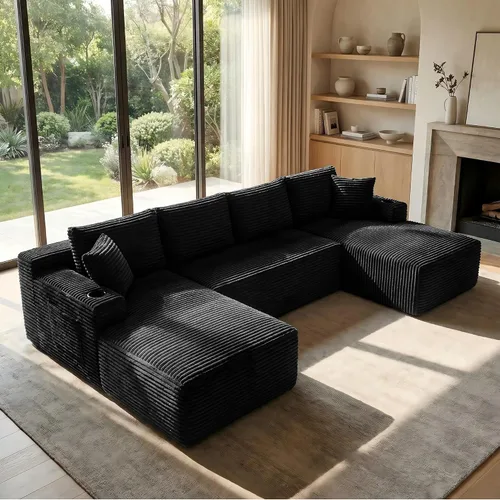 Vista 6 de Sofá grande sin hueso de 125 pulgadas con diván, moderno sofá modular con asiento profundo, sofá tapizado de pana en forma de U para sala de estar