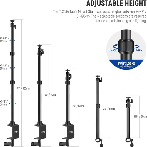 Vista 2 de NEEWER TL253A+DS001 Trípode de cámara de mesa con 2 brazos telescópicos, soporte para teléfono, cabezas esféricas, adaptador de tornillo, soporte