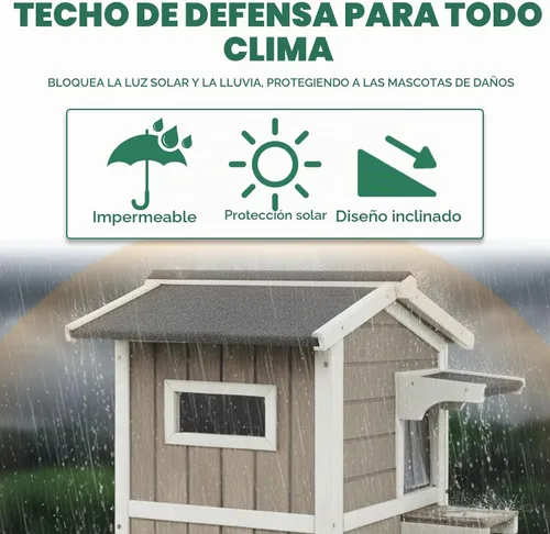 Vista 4 de Casa para gatos de varios niveles para exteriores, resistente a la intemperie con balcón, refugio de 4 puertas