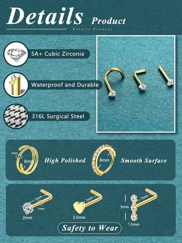 Vista 2 de THUNARAZ 32 anillos de nariz para mujeres y hombres – Retenedor de acero inoxidable quirúrgico hipoalergénico en forma de L transparente, recto